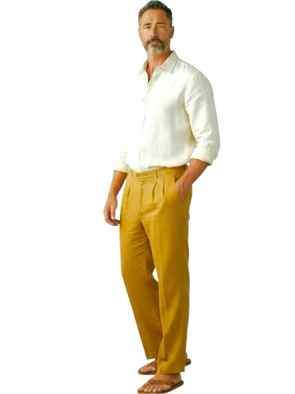 Vintage Vitali 100% Linen Men’s Pants Pleated Mustard/Yellow Pockets Sz 40x28